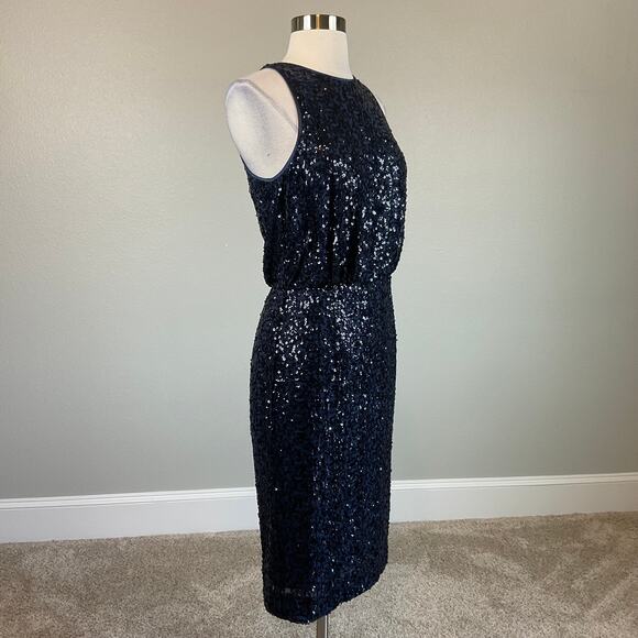 Eliza J Sequined Sleeveless Midi Sheath Cocktail Dress Blue Size 8 Round Neck - Picture 2 of 12